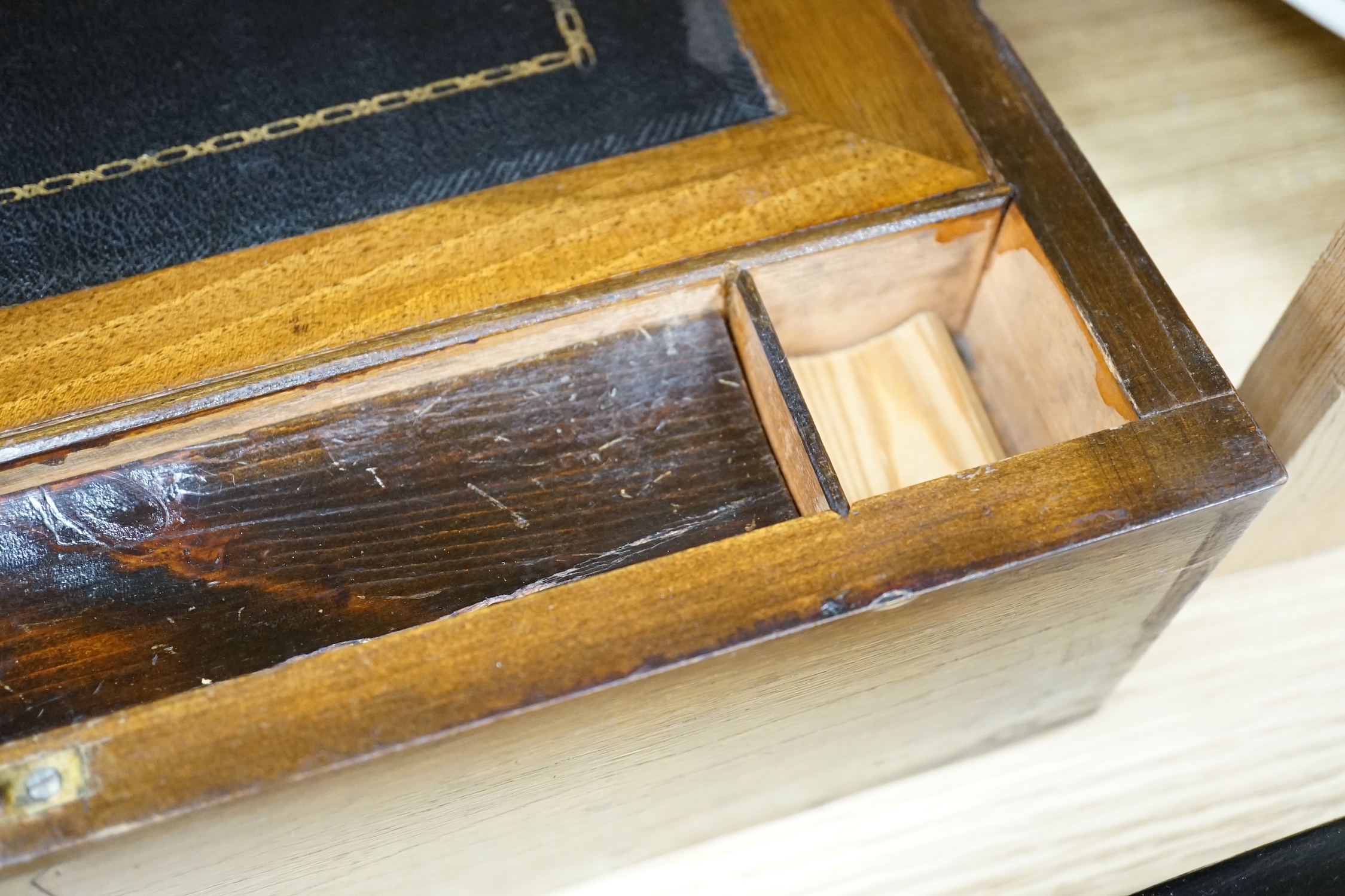 A fitted ink/desk stand and a writing slope, inkstand 36cm x 25cm deep (2)